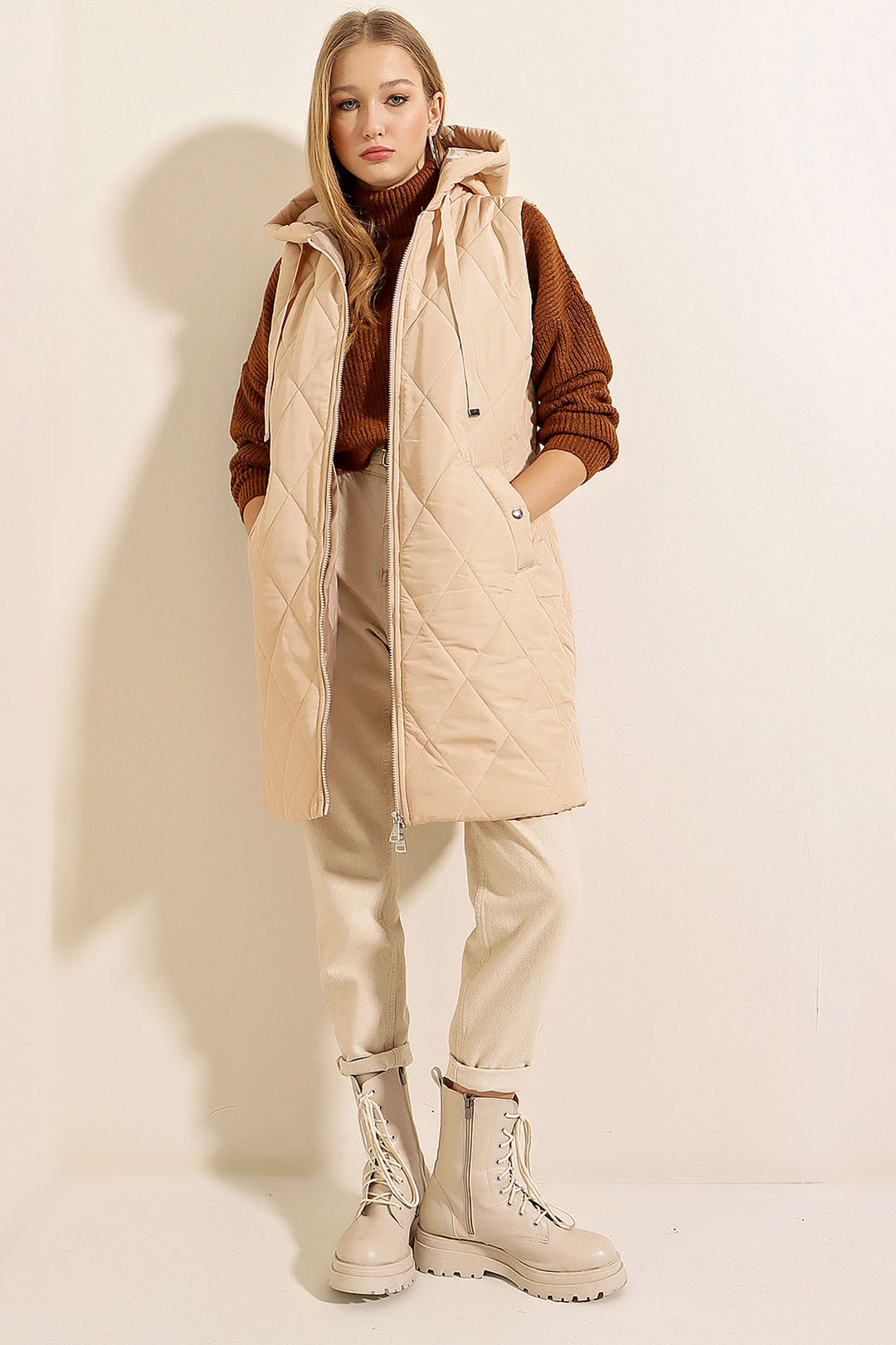 Bigdart Gilet long en doudoune avec capuche - Beige