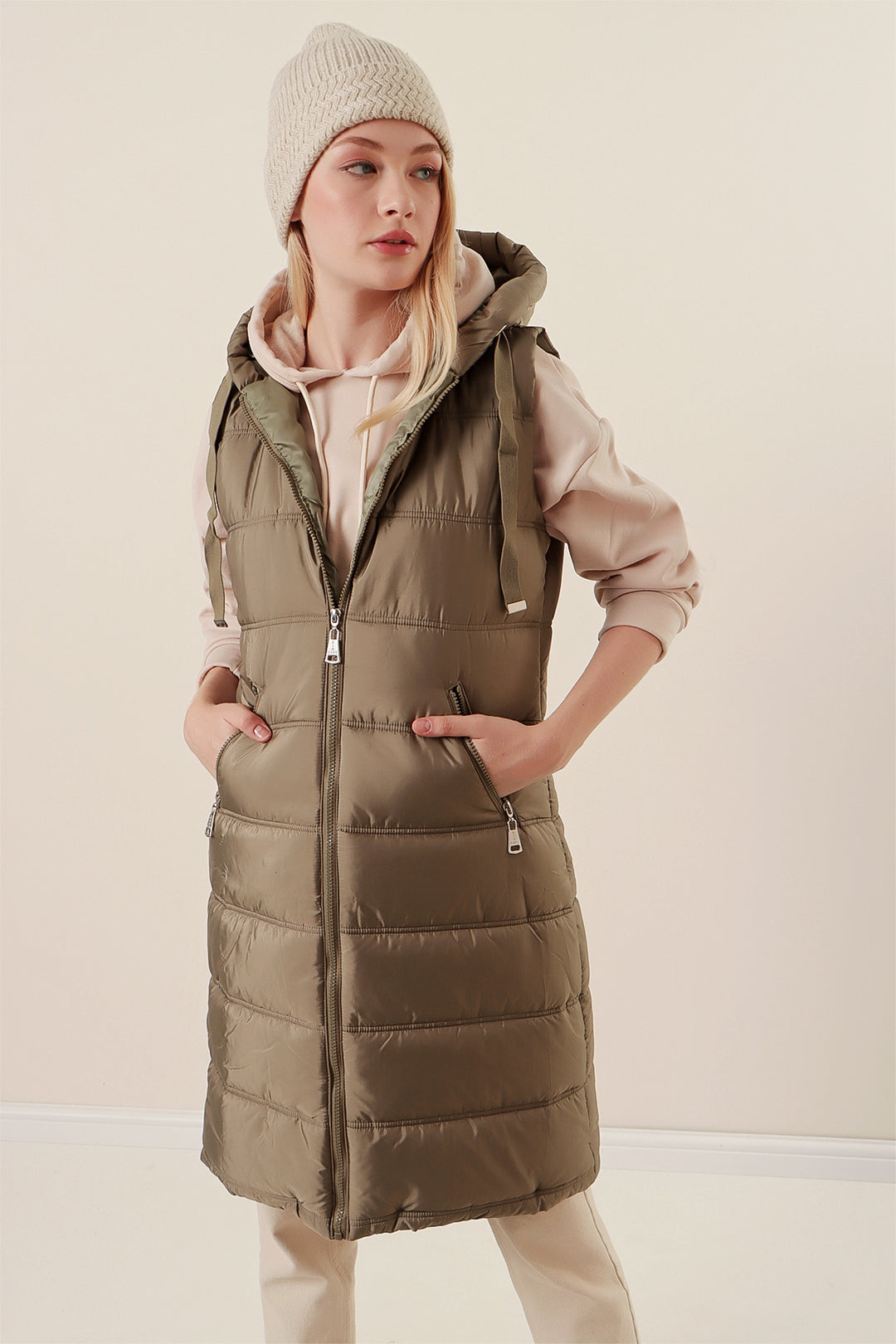 Bigdart 5140 Gilet long en duvet à capuche - Vert amande