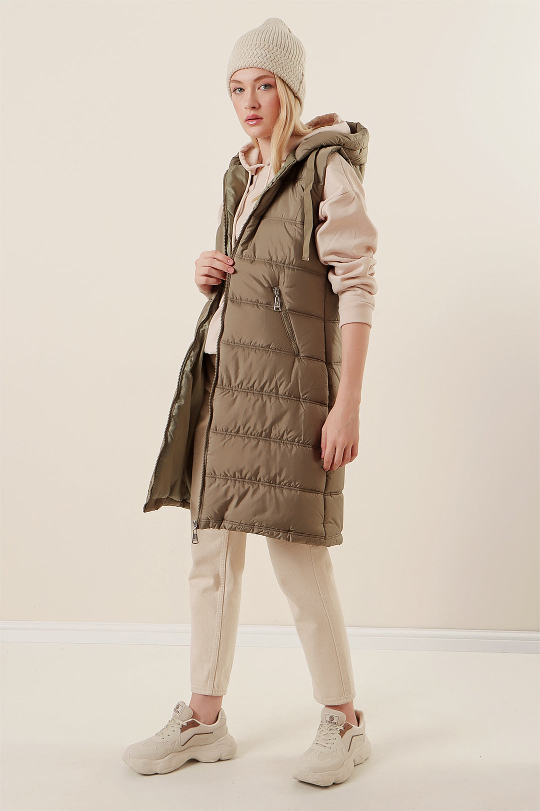 Bigdart 5140 Gilet long en duvet à capuche - Vert amande