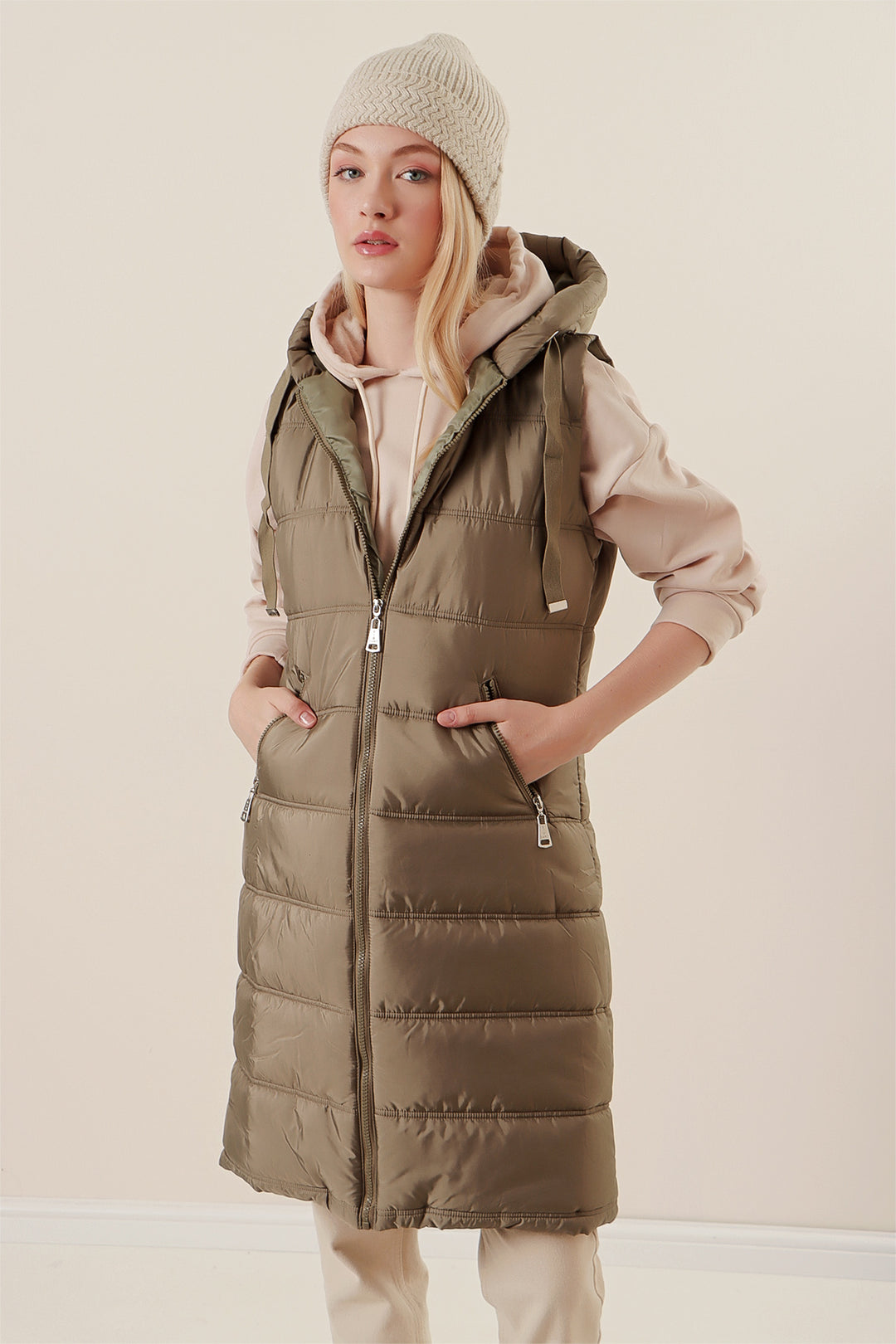 Bigdart 5140 Gilet long en duvet à capuche - Vert amande