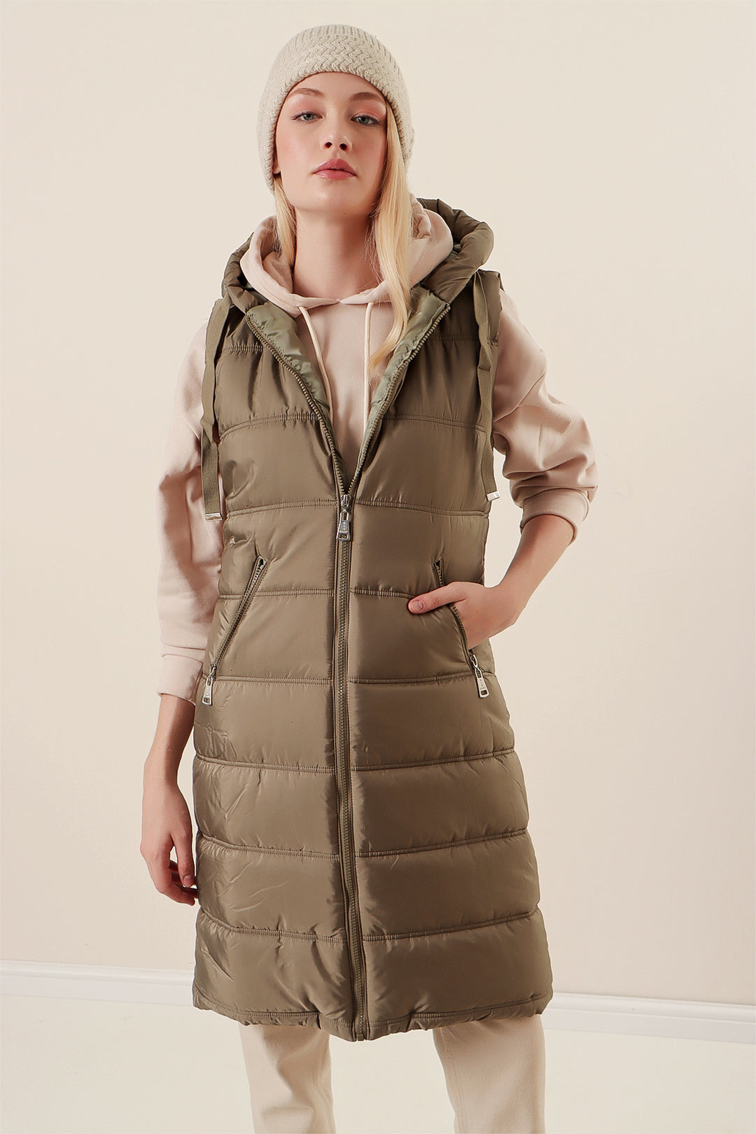 Bigdart 5140 Gilet long en duvet à capuche - Vert amande