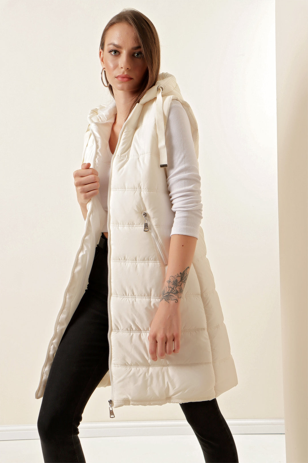 Bigdart 5140 Gilet long en duvet à capuche - Écru
