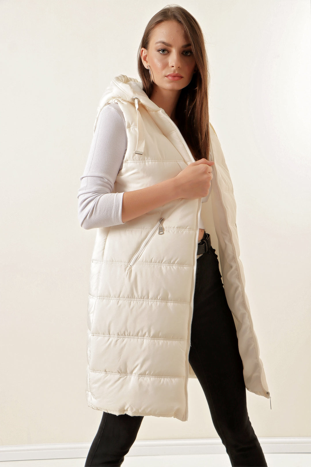 Bigdart 5140 Gilet long en duvet à capuche - Écru