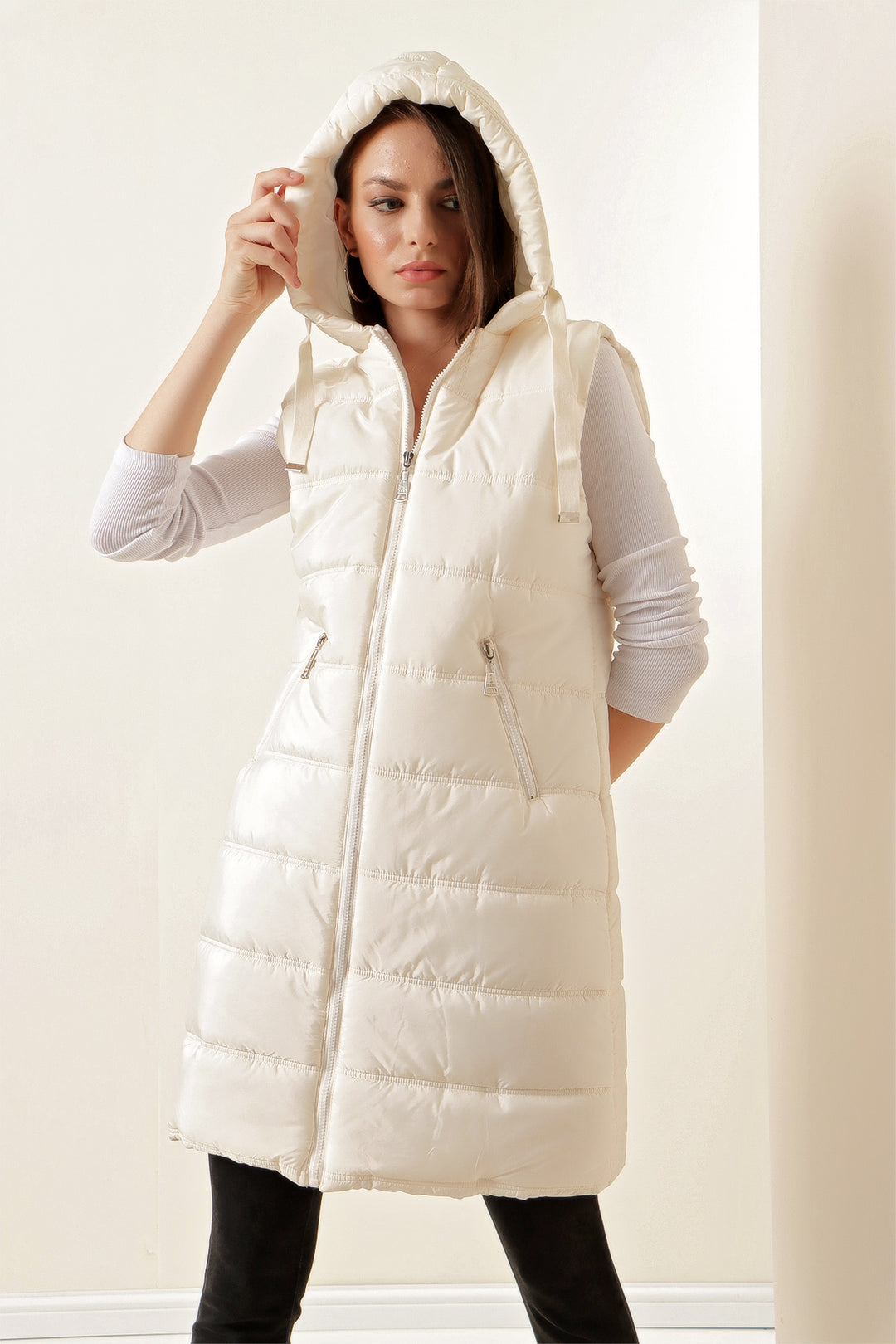 Bigdart 5140 Gilet long en duvet à capuche - Écru