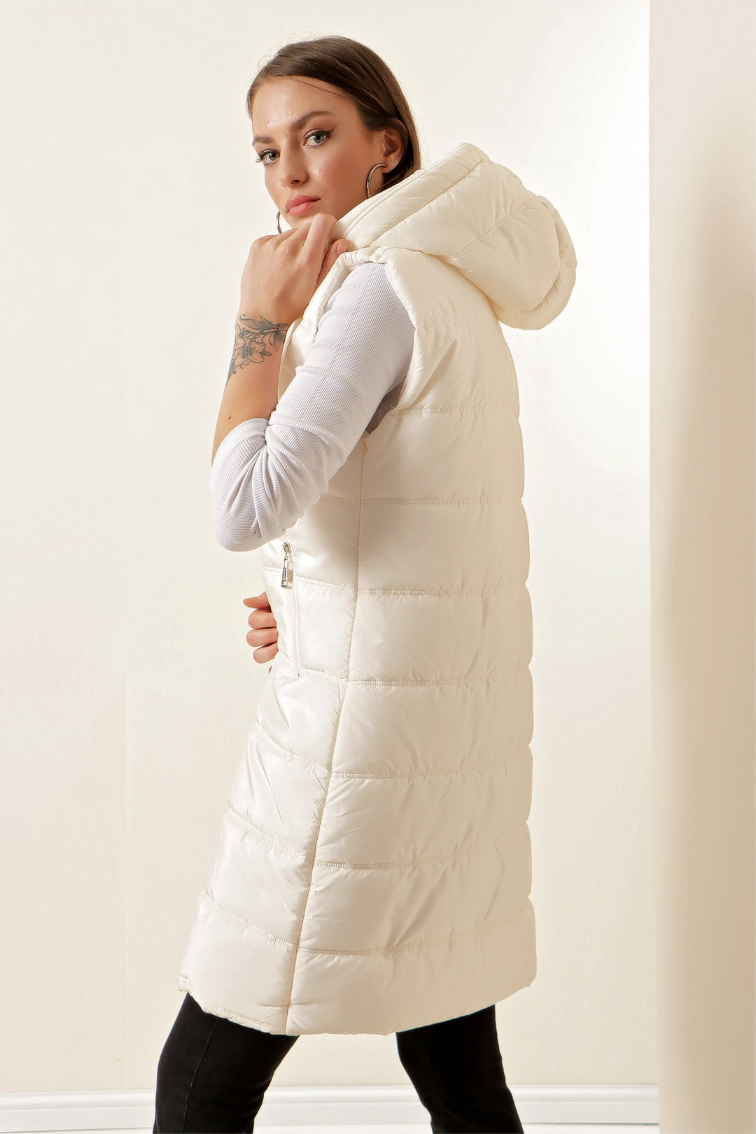 Bigdart 5140 Gilet long en duvet à capuche - Écru