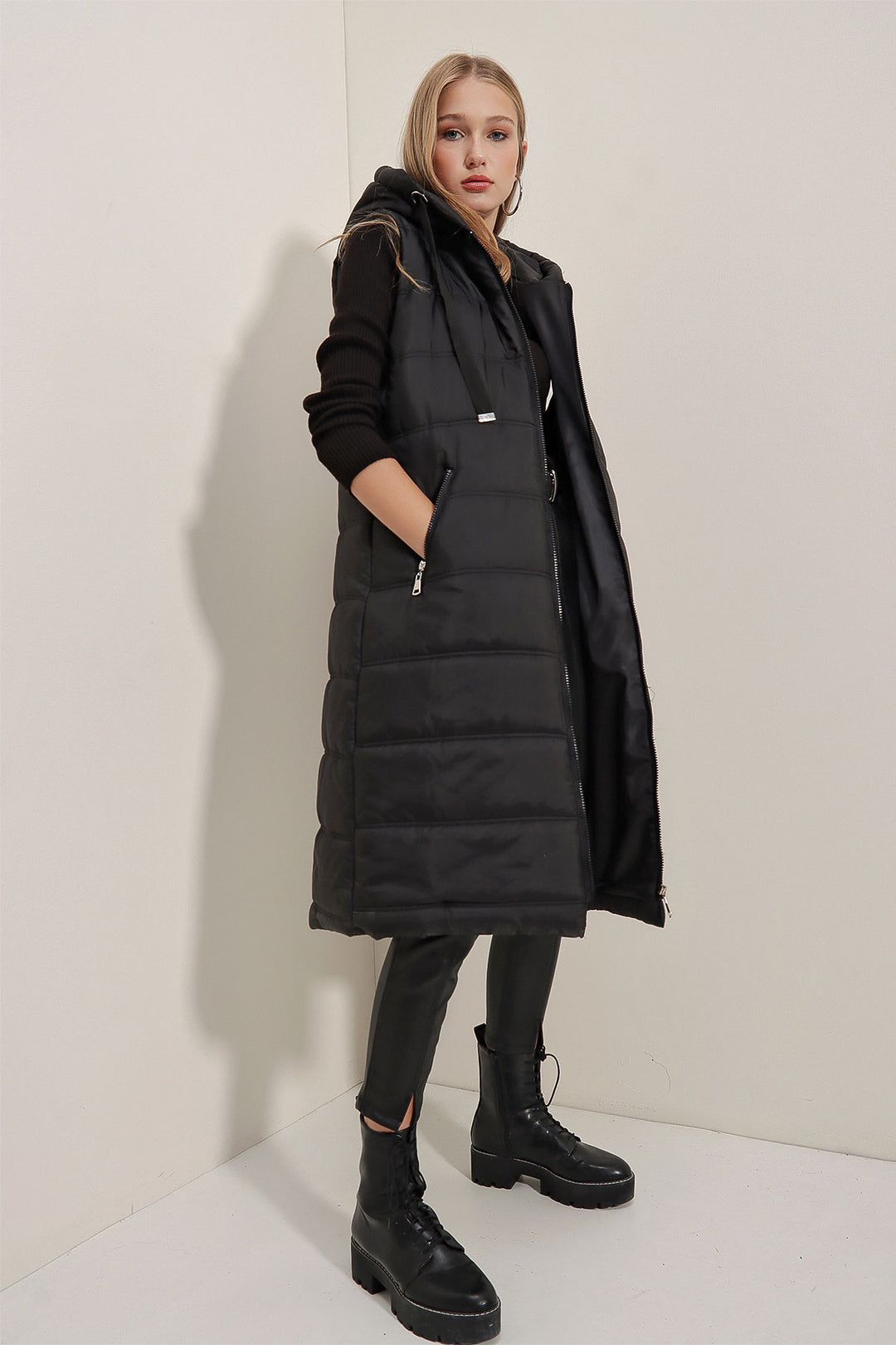 Bigdart Gilet long matelassé à capuche 5140 - Noir