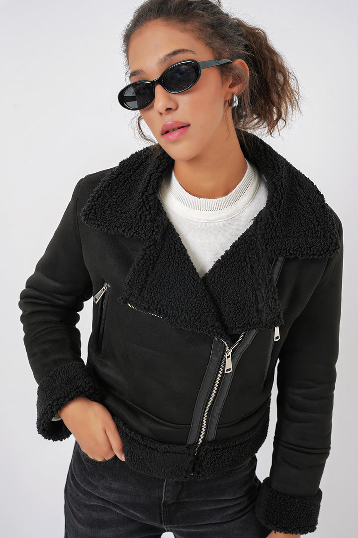 Bigdart 5155 Veste en cuir avec col croisé en fausse fourrure - Noir