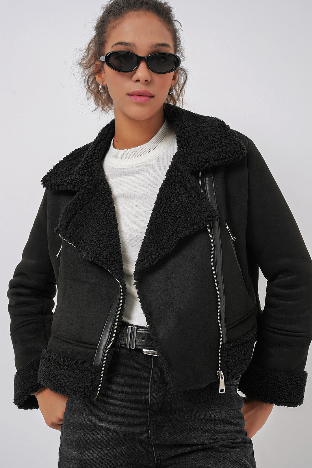 Bigdart 5155 Veste en cuir avec col croisé en fausse fourrure - Noir