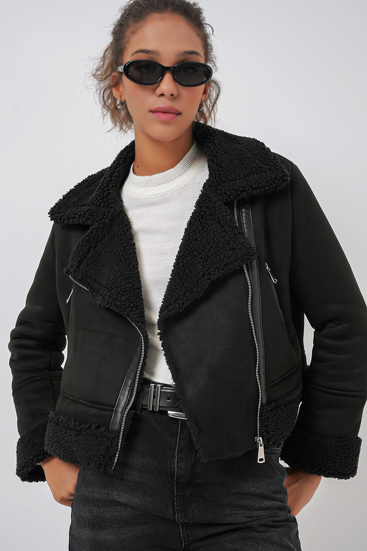 Bigdart 5155 Veste en cuir avec col croisé en fausse fourrure - Noir