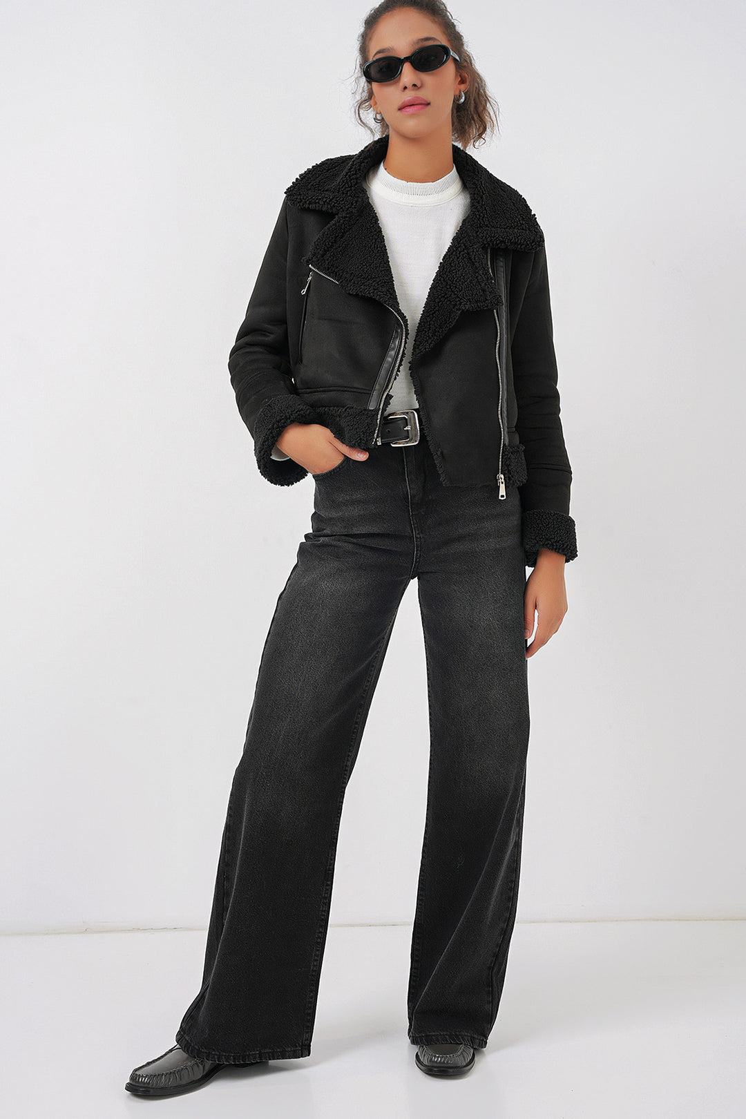 Bigdart 5155 Veste en cuir avec col croisé en fausse fourrure - Noir