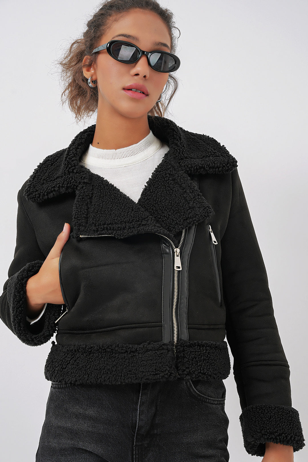 Bigdart 5155 Veste en cuir avec col croisé en fausse fourrure - Noir
