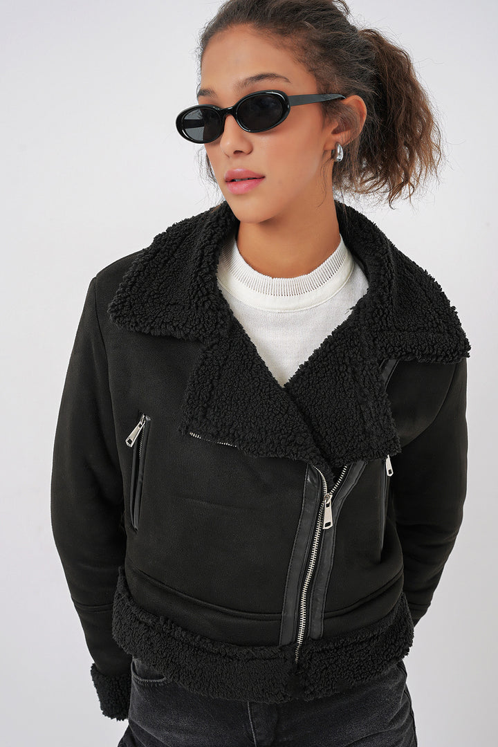 Bigdart 5155 Veste en cuir avec col croisé en fausse fourrure - Noir