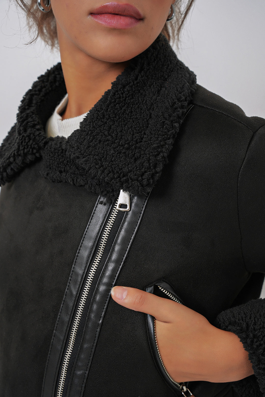 Bigdart 5155 Veste en cuir avec col croisé en fausse fourrure - Noir