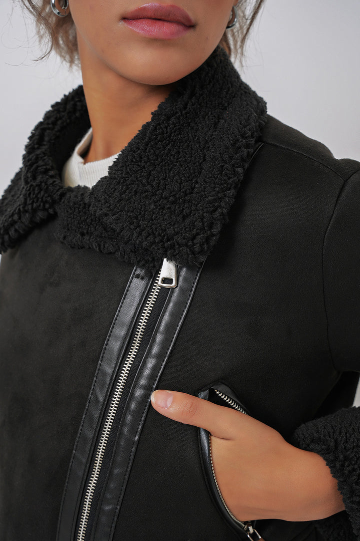 Bigdart 5155 Veste en cuir avec col croisé en fausse fourrure - Noir
