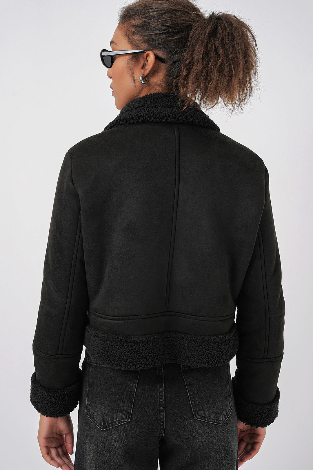 Bigdart 5155 Veste en cuir avec col croisé en fausse fourrure - Noir