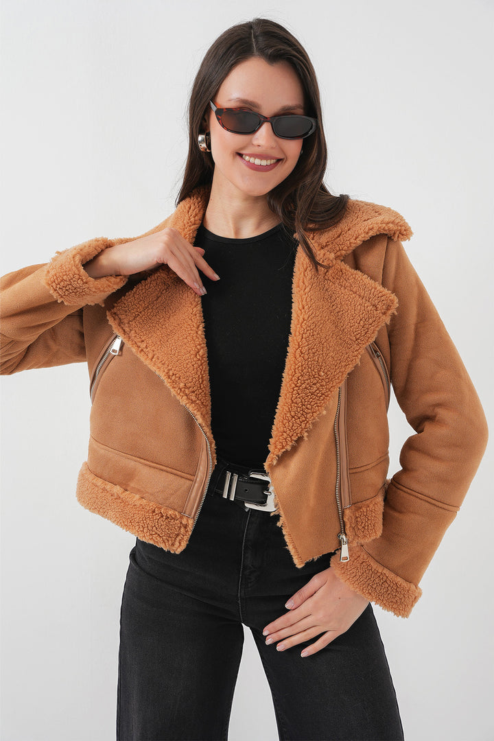 Bigdart 5155 Veste en cuir synthétique à col croisé - Marron foncé