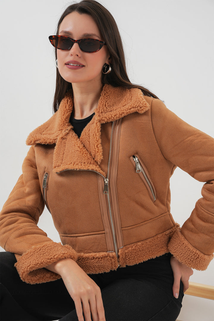 Bigdart 5155 Veste en cuir synthétique à col croisé - Marron foncé