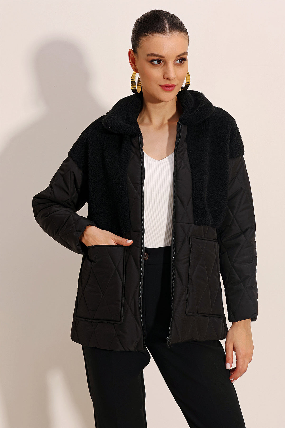Bigdart 5182 Manteau gonflant oversize avec détails en peluche - Noir