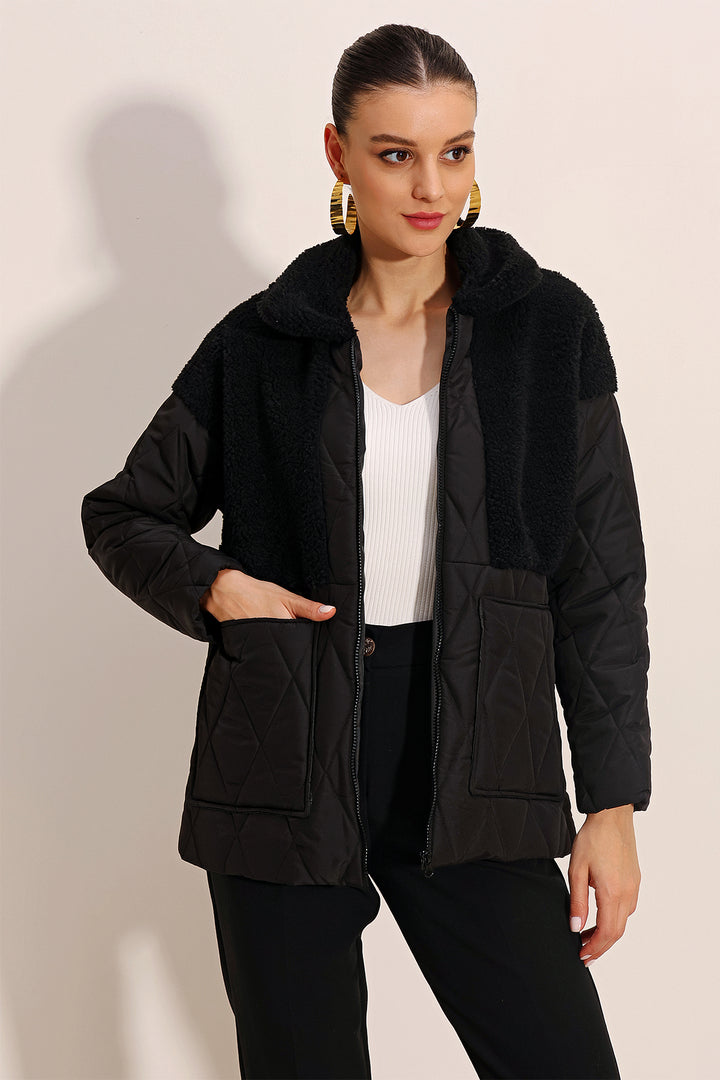 Bigdart 5182 Manteau gonflant oversize avec détails en peluche - Noir
