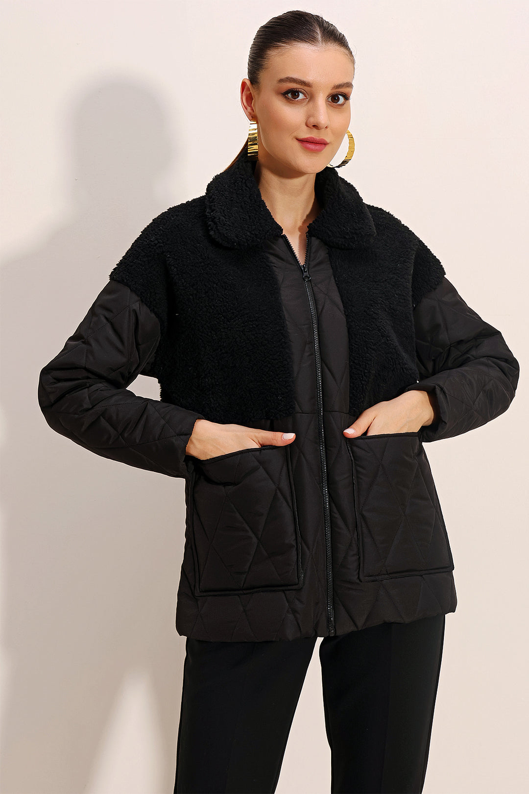Bigdart 5182 Manteau gonflant oversize avec détails en peluche - Noir