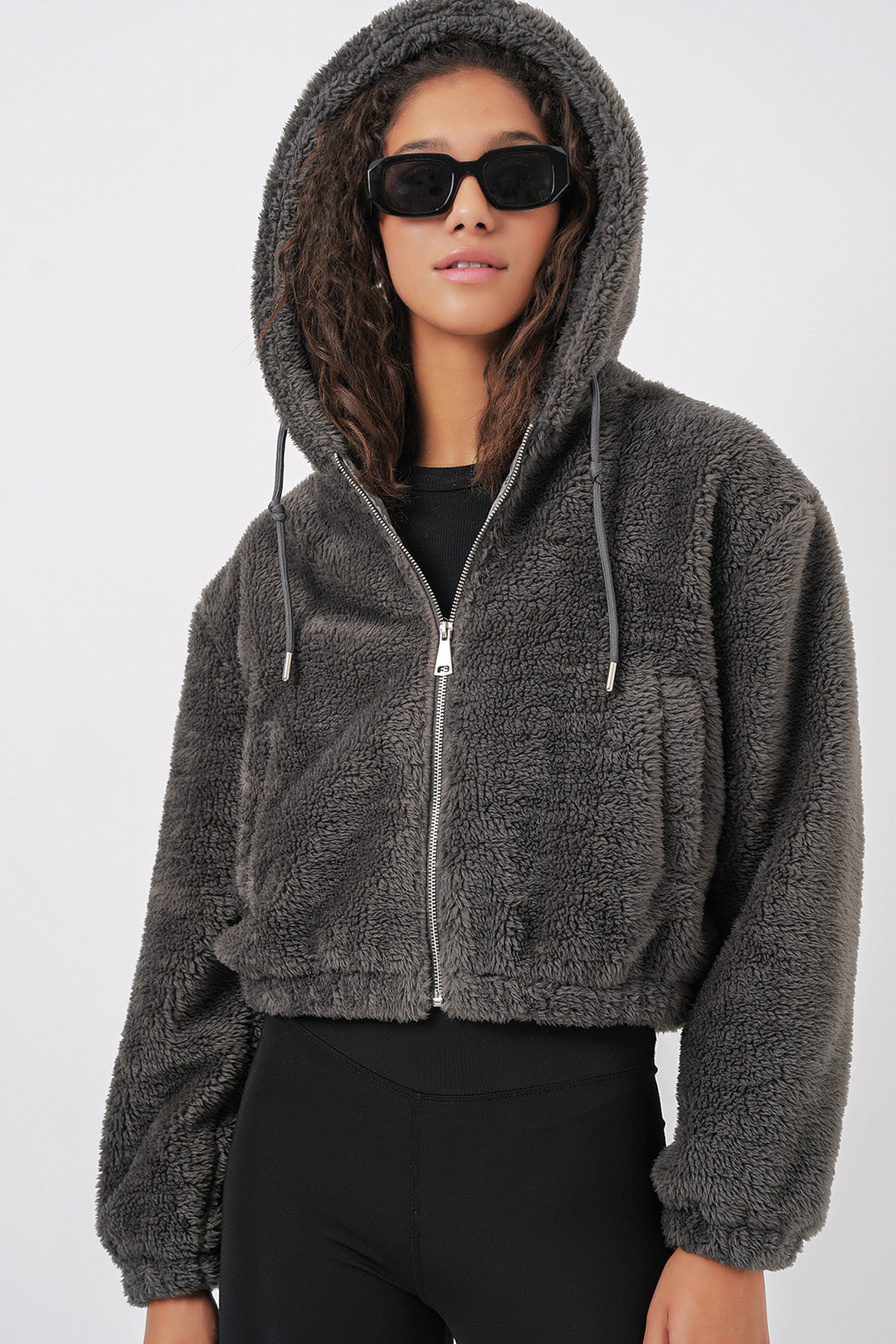 Bigdart 5193 Veste crop en peluche à capuche - Anthracite