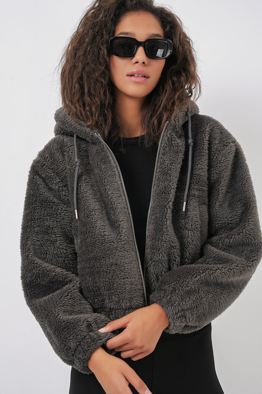 Bigdart 5193 Veste crop en peluche à capuche - Anthracite