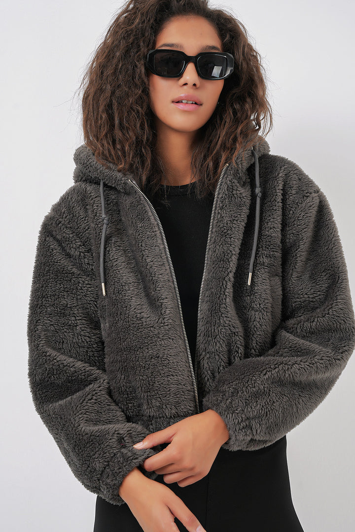 Bigdart 5193 Veste crop en peluche à capuche - Anthracite
