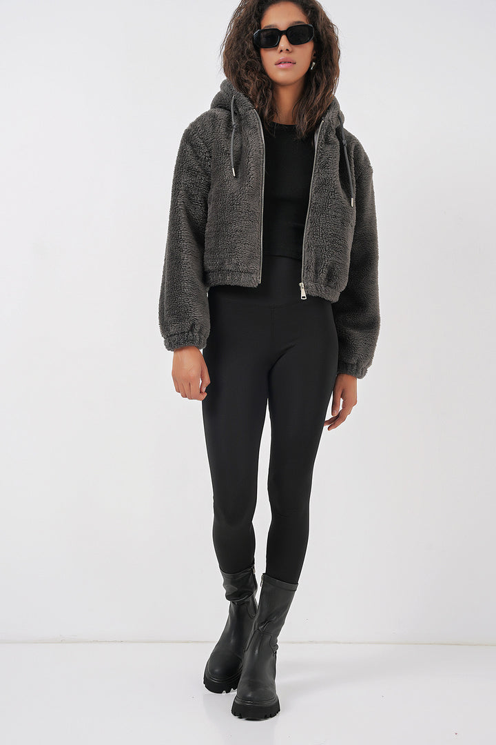 Bigdart 5193 Veste crop en peluche à capuche - Anthracite