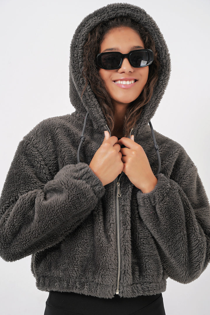 Bigdart 5193 Veste crop en peluche à capuche - Anthracite