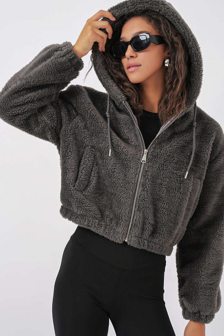 Bigdart 5193 Veste crop en peluche à capuche - Anthracite