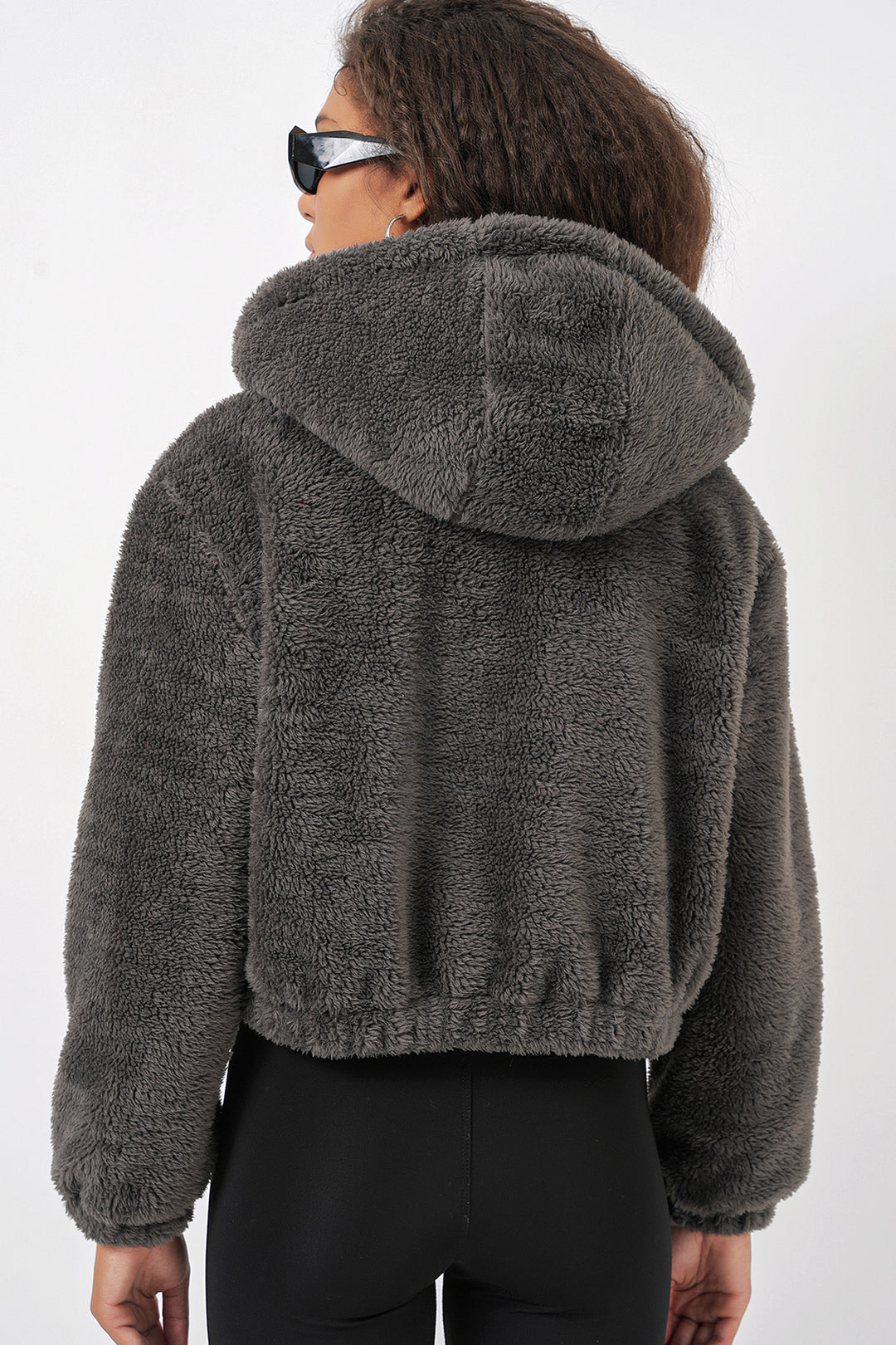Bigdart 5193 Veste crop en peluche à capuche - Anthracite
