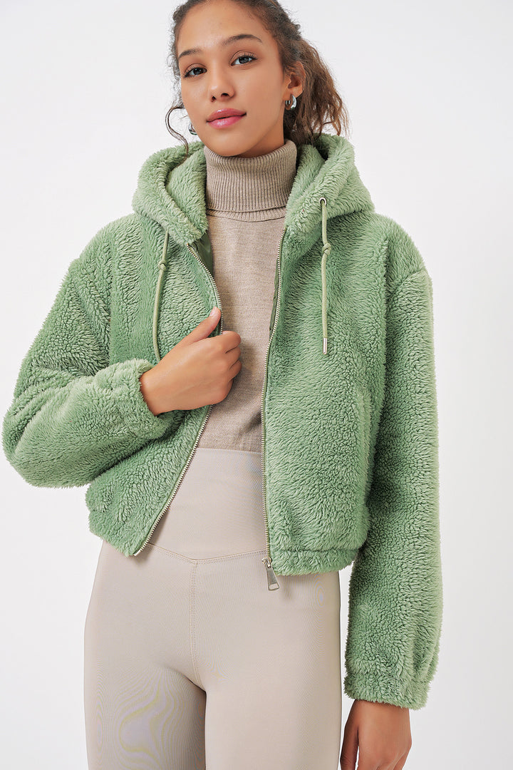 Bigdart 5193 Veste crop en peluche à capuche - E.Vert