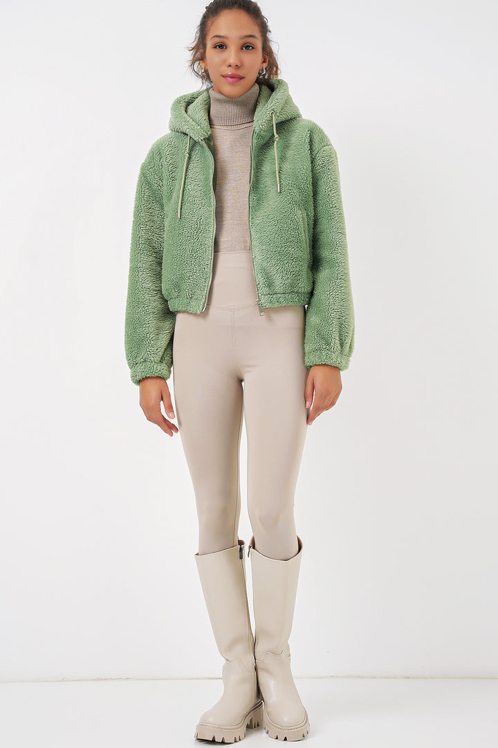 Bigdart 5193 Veste crop en peluche à capuche - E.Vert