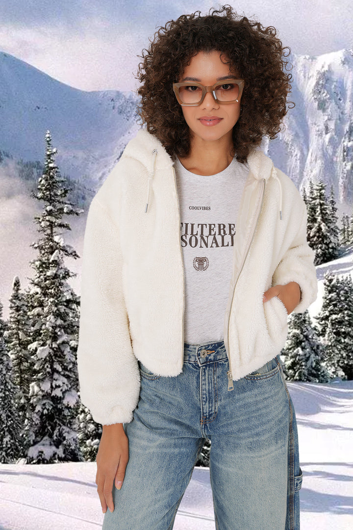 Bigdart 5193 Veste crop en peluche à capuche - Écru