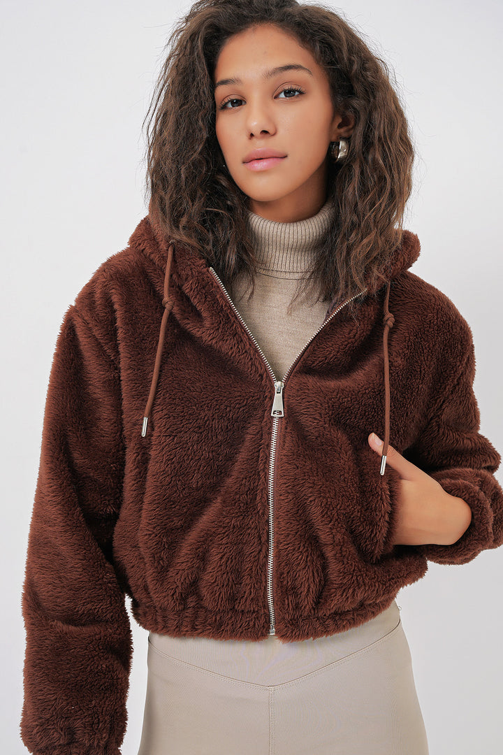Bigdart 5193 Veste crop en peluche à capuche - Marron