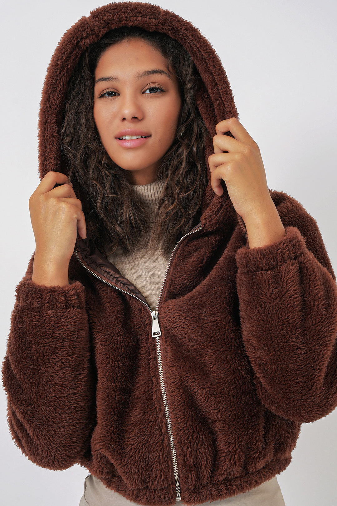 Bigdart 5193 Veste crop en peluche à capuche - Marron