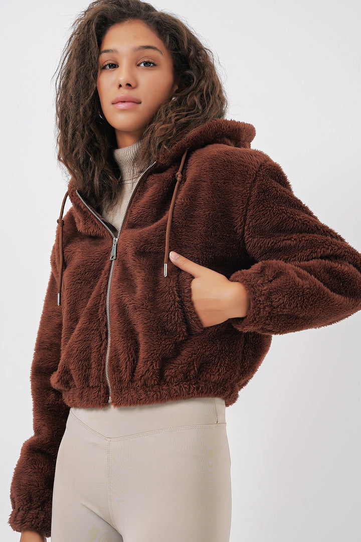 Bigdart 5193 Veste crop en peluche à capuche - Marron