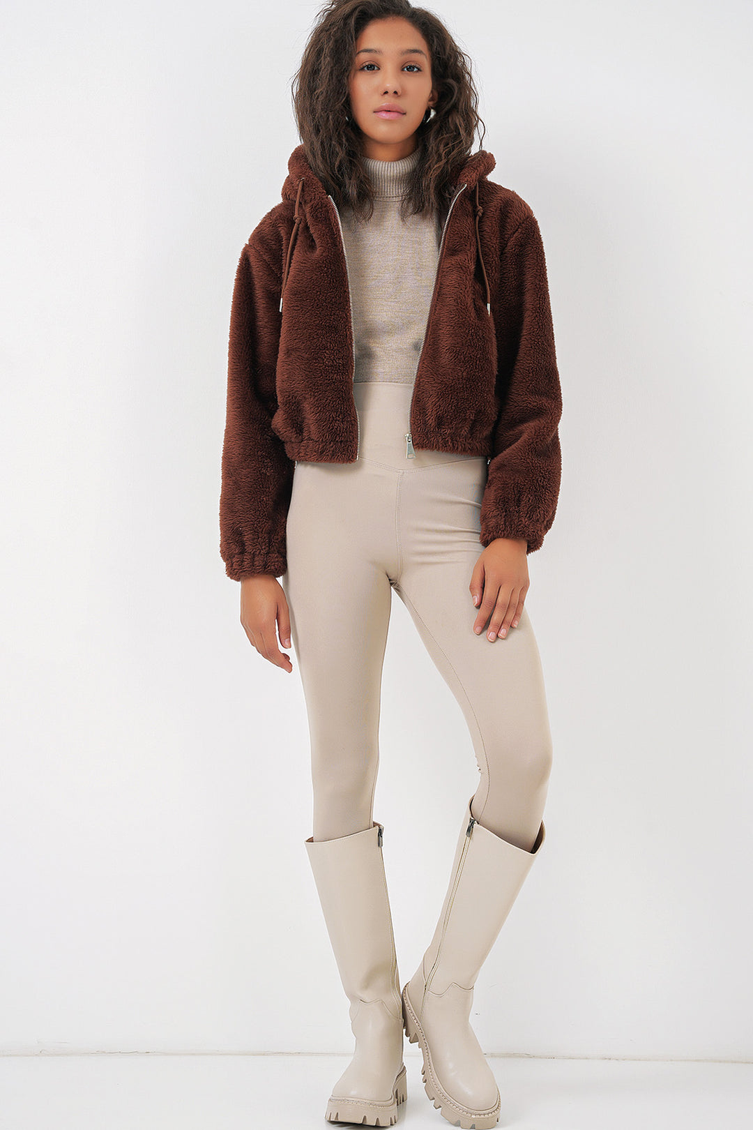 Bigdart 5193 Veste crop en peluche à capuche - Marron