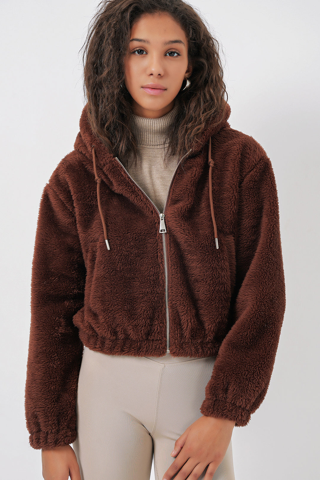 Bigdart 5193 Veste crop en peluche à capuche - Marron
