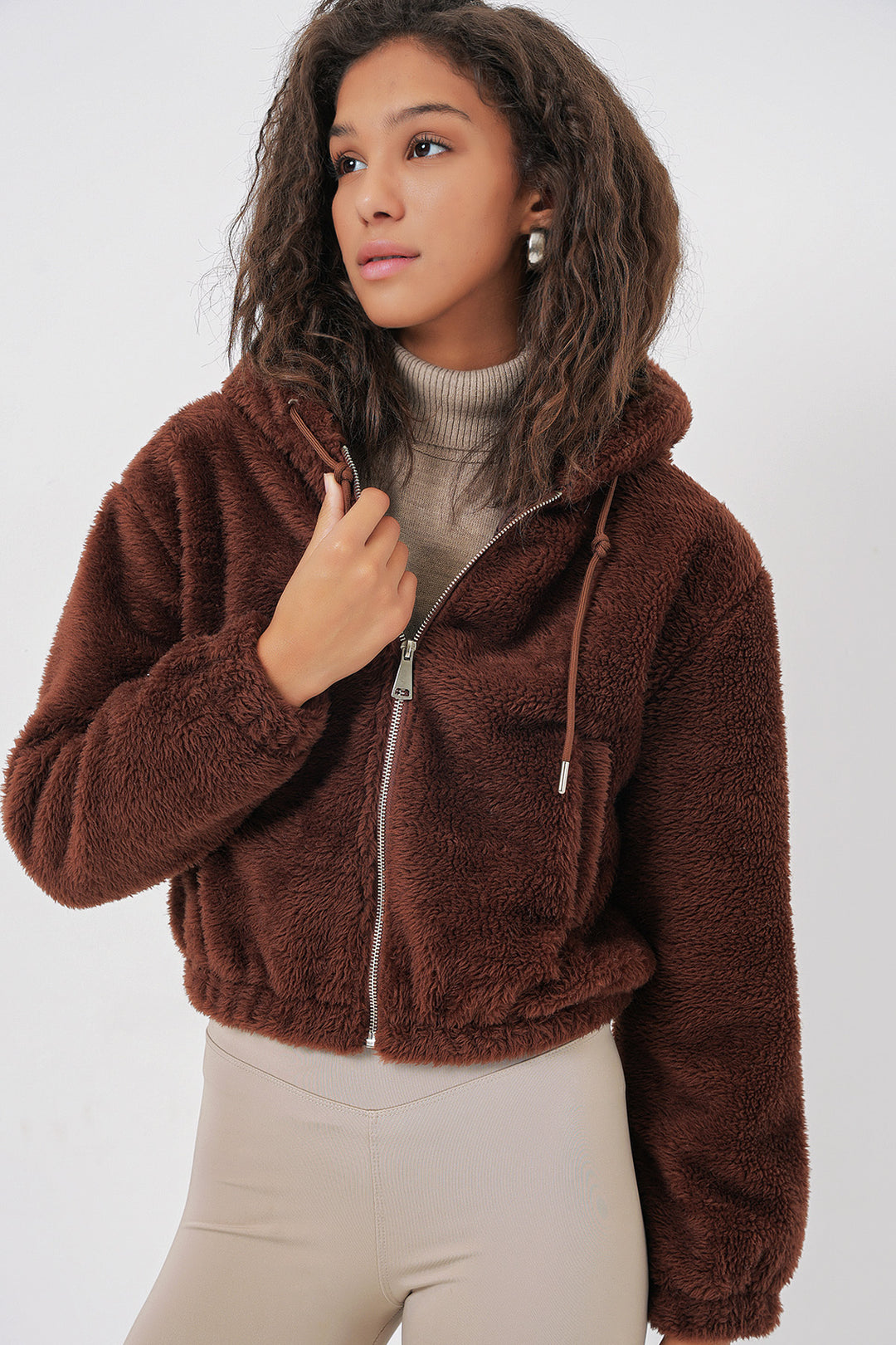 Bigdart 5193 Veste crop en peluche à capuche - Marron