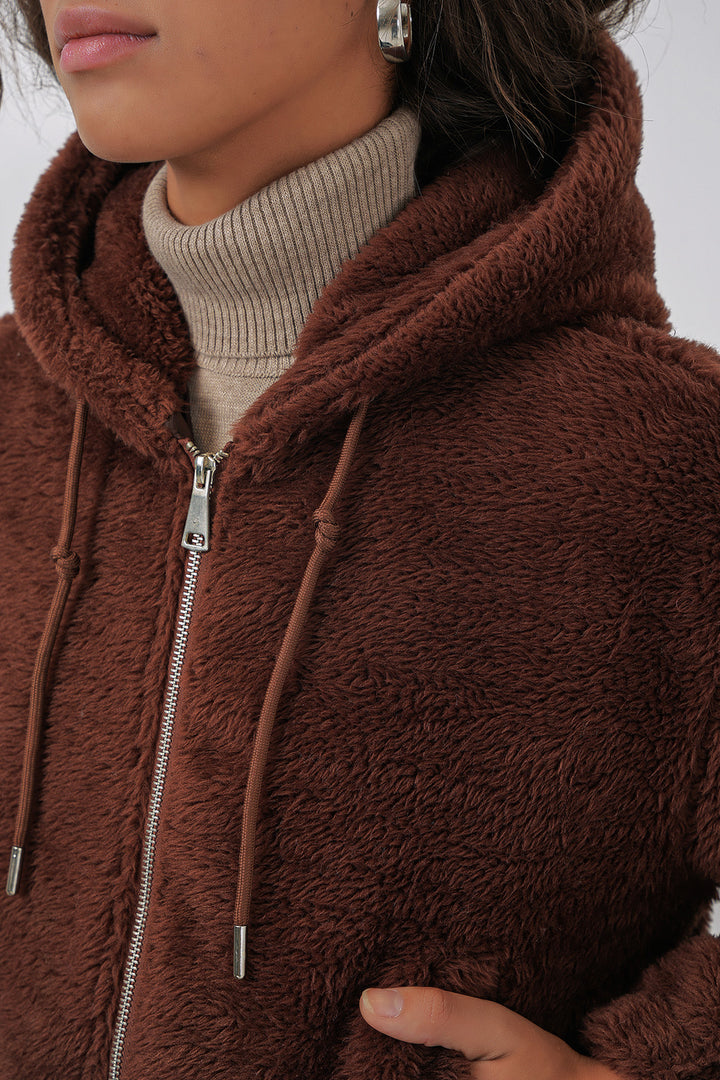 Bigdart 5193 Veste crop en peluche à capuche - Marron