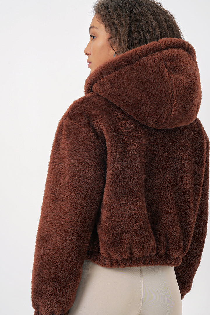 Bigdart 5193 Veste crop en peluche à capuche - Marron