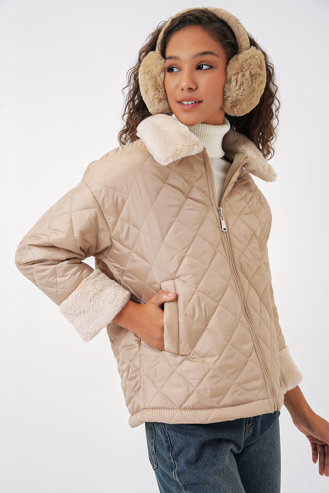 Bigdart 5202 Manteau matelassé avec détails en peluche - Beige