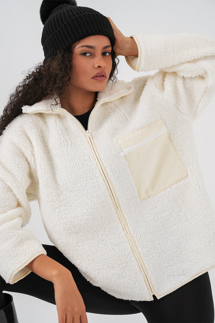 Bigdart 55446 Manteau Peluche Oversize à Col Zippé - Beige
