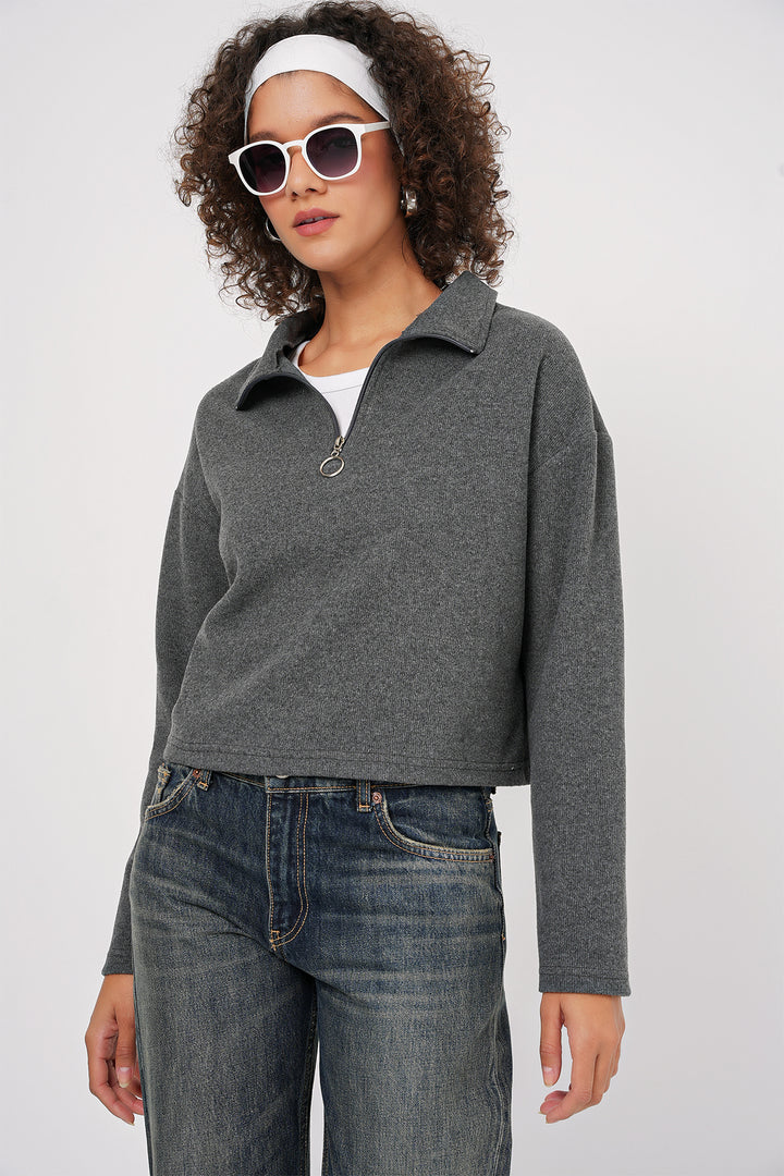 Bigdart 55449 Sweatshirt Tricot à Col Zippé - Anthracite
