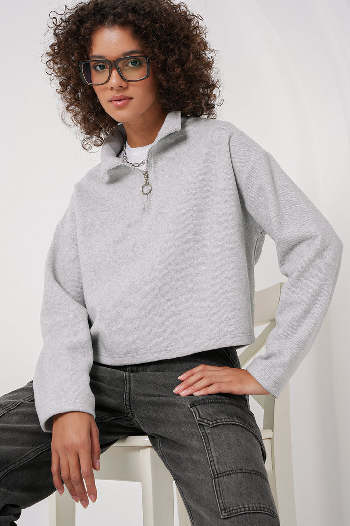 Bigdart 55449 Sweatshirt Tricoté à Col Zippé - Gris