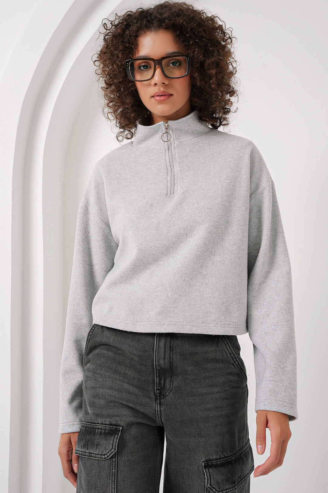 Bigdart 55449 Sweatshirt Tricoté à Col Zippé - Gris