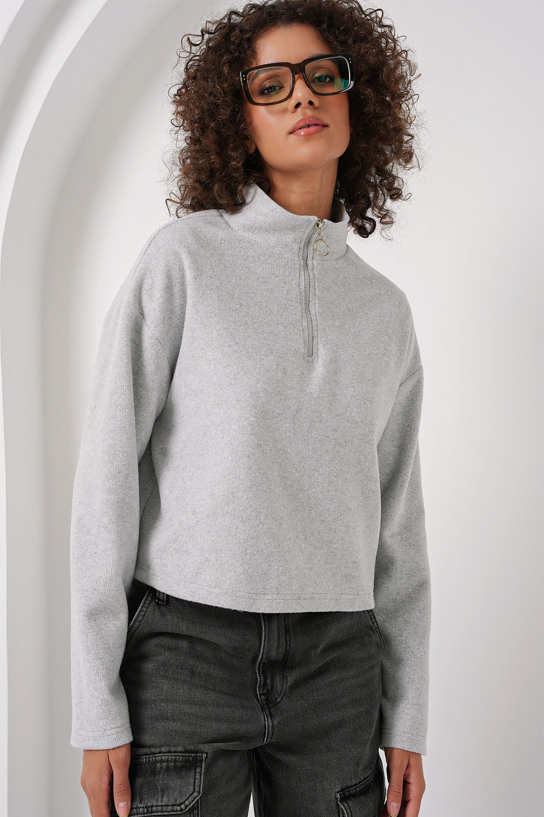 Bigdart 55449 Sweatshirt Tricoté à Col Zippé - Gris