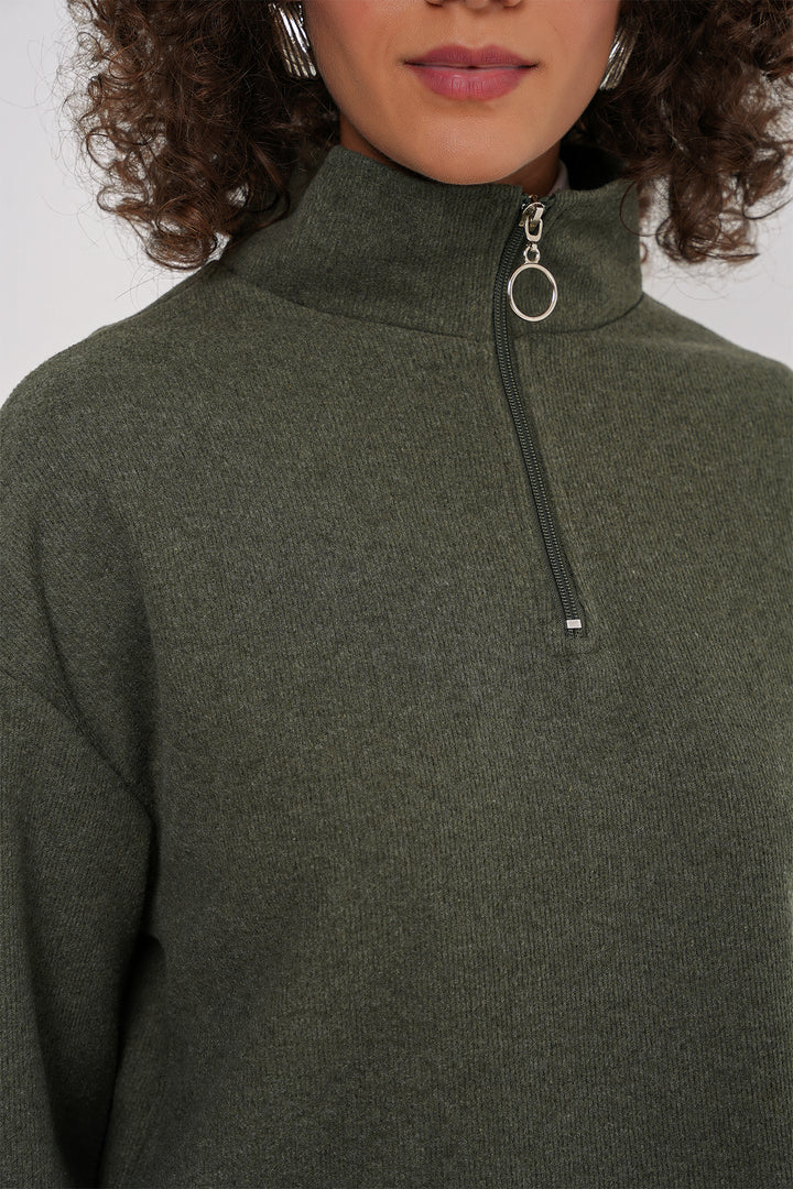 Bigdart 55449 Sweatshirt Tricoté à Col Zippé - Kaki