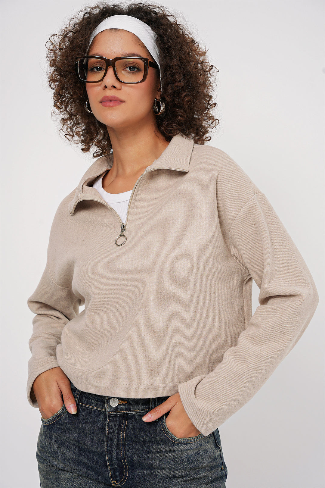 Bigdart 55449 Sweatshirt Tricot à Col Zippé - Crème